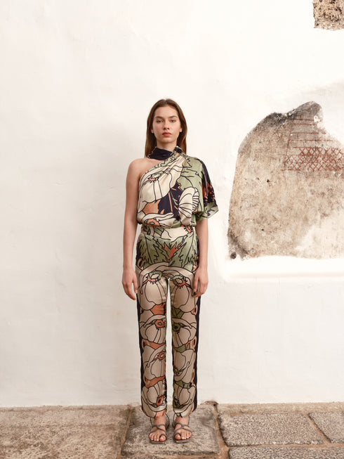 Chiminango Satin Silk Blouse / Sage Gladiolos Garden